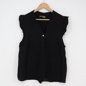 Saga Linen Top Womens S Black Ruffle Shoulder Made in Italy Excellent